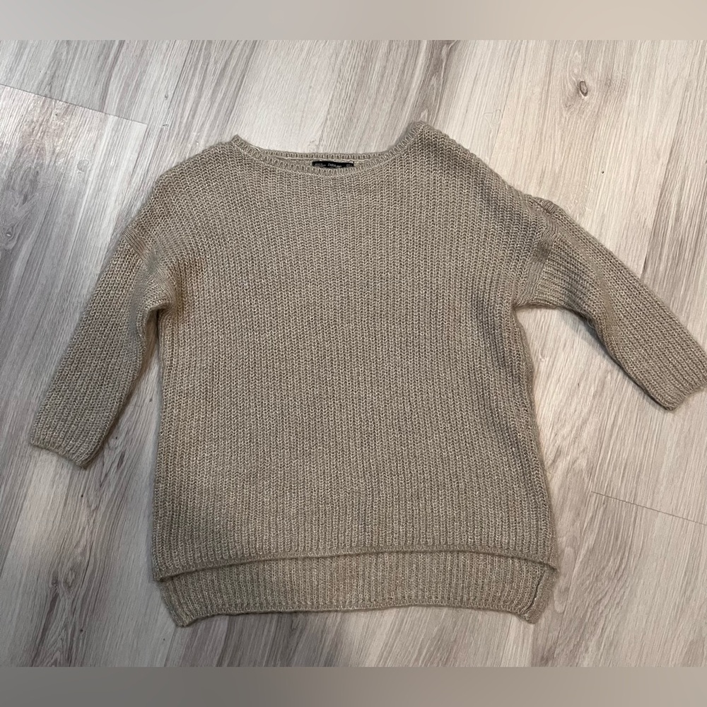 Zara‎ Tan Crew Neck Sweater with Ribbed Texture